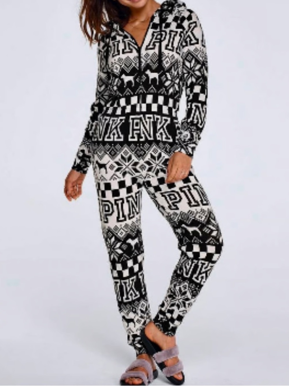 PINK Victoria’s Secret Fair Isle Sherpa Hood Onsie Pajamas Size Large
